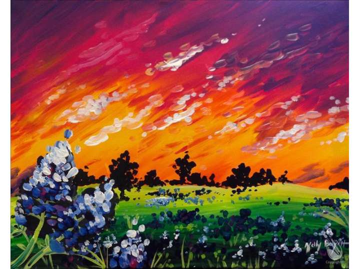 Bluebonnet Fields Under a Sunset Sky