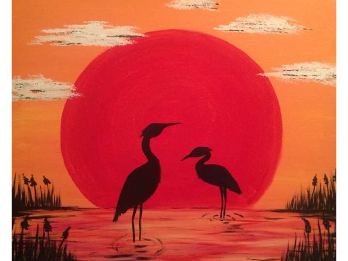 Blue Herons and the Red Sun - Norman