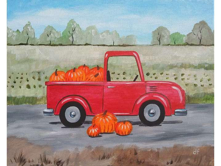 Old Red Pickup with Pumpkins
