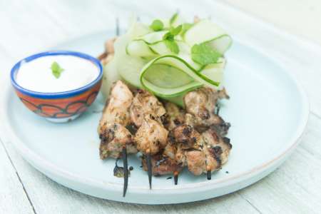 chicken souvlaki with cucumber slaw