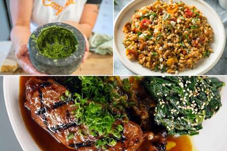 a collage of grilled steak, pesto and farro salad