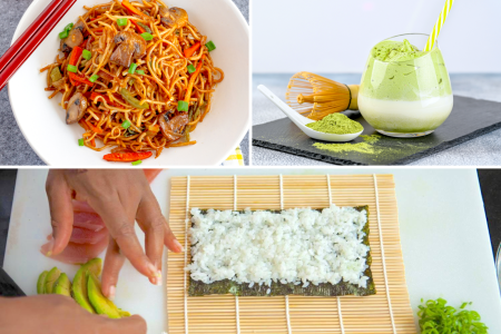 Asian fried garlic noodles matcha ice cream float chef crafting sushi