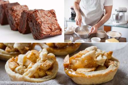 Collage of caramel apple tartlets, maple pot de crème being poured, and chocolate-cranberry brownies in a baking pan.