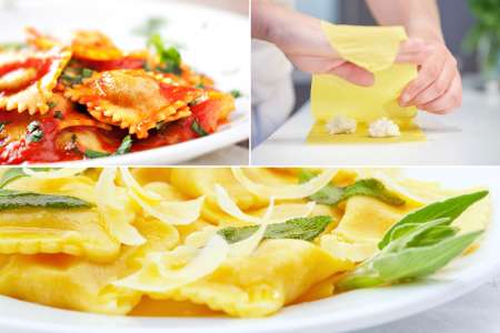 Collage of fresh pasta being rolled, filled ravioli on a plate, boiling pasta, and finished dishes with sauce and garnish.