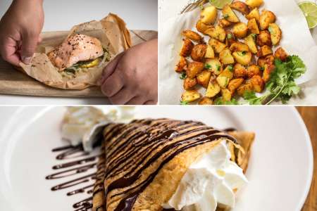 Collage of salmon en papillote prep, shaved fennel, roasted potatoes, and chocolate crêpe with whipped cream.