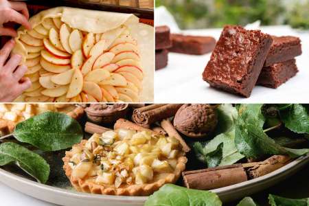 Collage of caramel apple tartlets, maple pot de crème being poured, and chocolate-cranberry brownies in a baking pan.