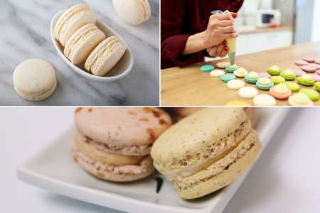 Collage of vanilla macarons being piped, filled, and arranged in rows in assorted colors.