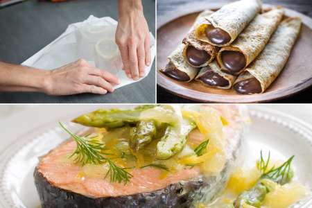 Collage of salmon en papillote prep, shaved fennel, roasted potatoes, and chocolate crêpe with whipped cream.