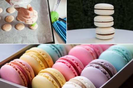 Collage of vanilla macarons being piped, filled, and arranged in rows in assorted colors.