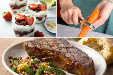 collage for Celebrating Colorful Cooking class on Cozymeal with parfait, roasted steak and chef peeling carrots