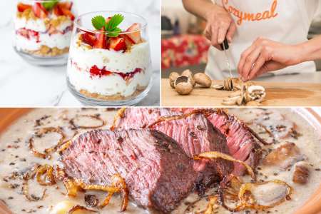 collage for Celebrating Colorful Cooking class on Cozymeal with parfait, roasted steak and chef cutting mushrooms
