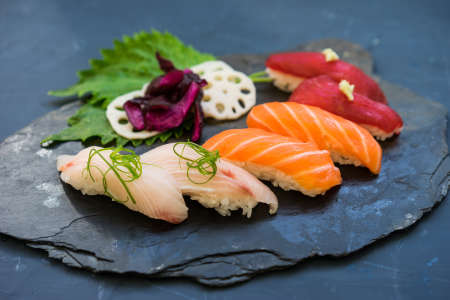 Nigiri with yellowfin tuna, shrimp and crab sticks