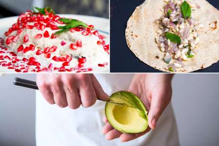 Chiles en Nogada, slicing avocado and a taco