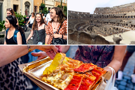 people walking during a food tour the collosseum in Rome Roman pizza by the slice