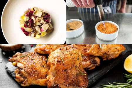 collage of mustard coated chicken, endive salad and torching creme brulee