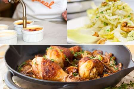 collage of mustard coated chicken, endive salad and torching creme brulee