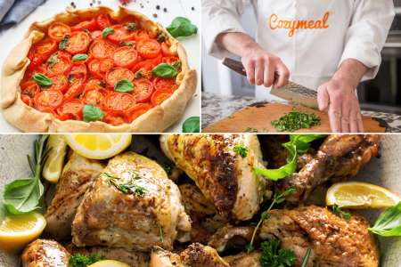 a collage of tomato tart, lemon and herb chicken and chef cutting herbs