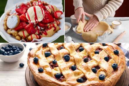 a collage of fair favorite desserts and making pie crust