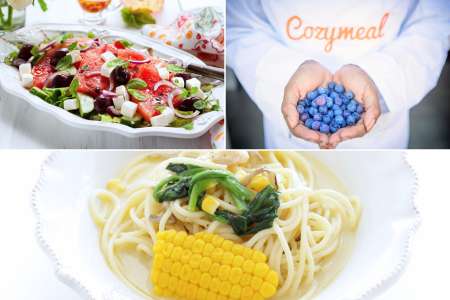 Scenes from Farmers Market Table cooking class – A collage featuring a watermelon feta salad, hands prepping ingredients, and a colorful vegetable pasta dish with tomatoes and herbs.
