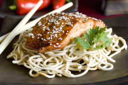 Grilled salmon with cold soba noodles