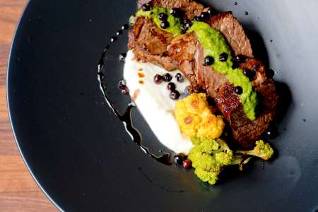 Hanger steak with puree and salsa verde