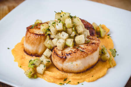 lime charred scallops with coriander yam puree