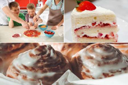 a collage featuring kids' baking lesson series  and baked goods such as villa frosted cake, cinnamon rolls and pizza