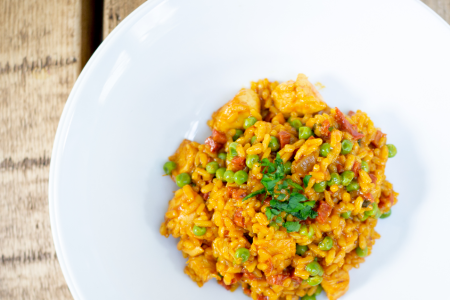 Paella Campesina with chorizo and shrimp