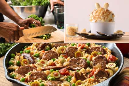 collage for Paella Spanish Comfort Classics cooking class on Cozymeal with plated paella, almond ice cream and chef cutting kale
