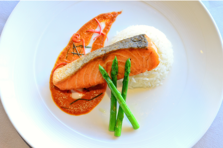 Pan Seared Salmon with vegetables and rice