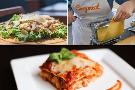 a collage of salad, lasagna and pasta making