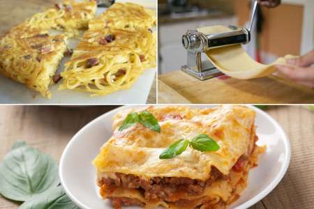 a collage of lasagna and pasta making