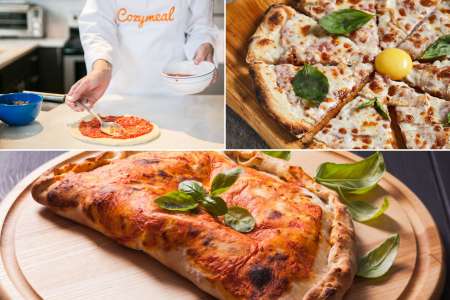 collage for Pizza Three Ways + SLT Pizza Kit cooking class on Cozymeal with calzone, carbonara pizza and chef adding tomato sauce to pizza dough