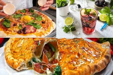 collage for Pizza Three Ways + SLT Pizza Kit cooking class on Cozymeal with calzone, blueberry-mint soda and chef making carbonara pizza