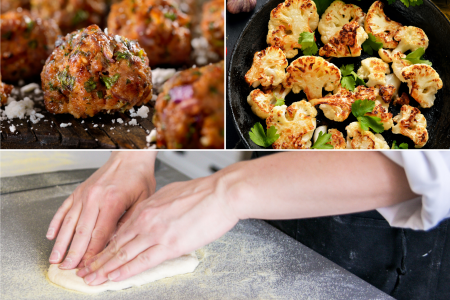 Roasted Cauliflower, meatballs and prearing flatbread