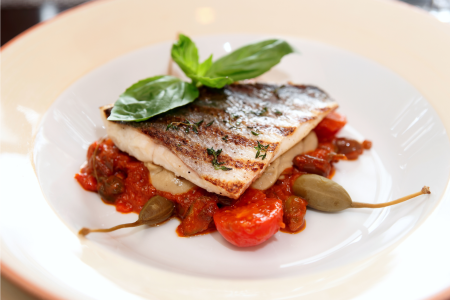 Sea Bass With Capers Tomato and Roasted red Pepper