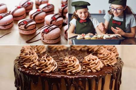 a collage featuring teenagers in a lesson of making macarons, baking cake and more
