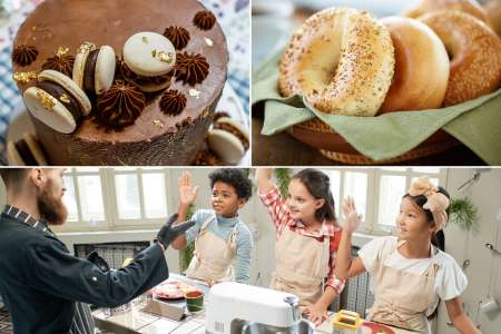 a collage featuring teenagers in a lesson of making bagels, baking cake and more