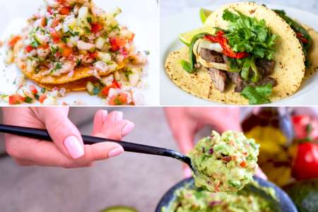 steak tacos, guacamole and crab tostadas