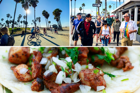 Venice Beach people walking on a food tour fish taco close up