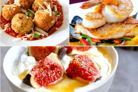 arancini and Seafood al Cartoccio with fig yogurt