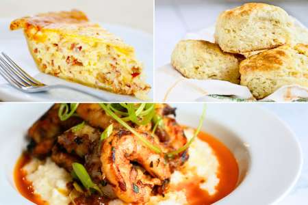 bacon quiche with buttermilk biscuits and shrimp and grits