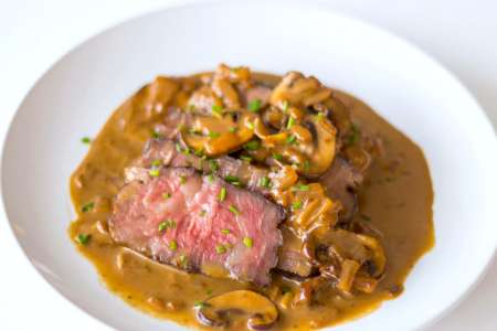 bavette steak with mushrooms and red wine sauce