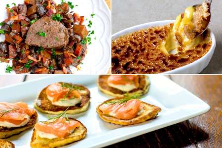 beef bourguignon, creme brulee and smoked salmon blinis