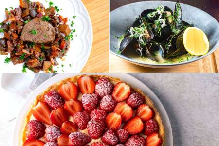 beef bourguignon with mussels and strawberry tart