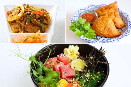 beef glass noodles, tuna poke bowl, and samosas