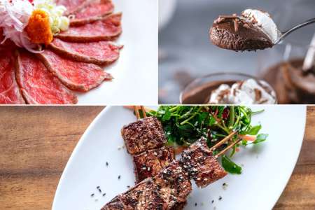beef tataki with chocolate mousse and pork skewers