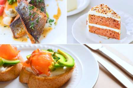 branzino and smoked salmon bruschetta with carrot cake