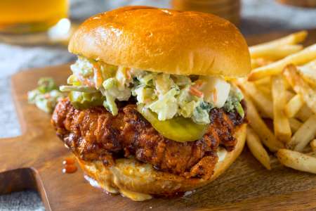 brined chicken on brioche buns with apple slaw