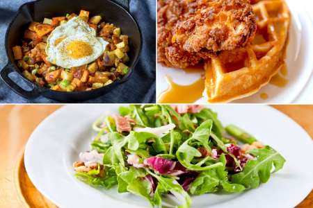 brunch with sweet potato hash, arugula salad and chicken and waffles